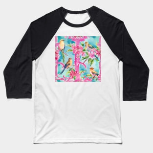 Pink and turquoise preppy birds on trellis watercolor Baseball T-Shirt